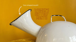Enamel chamber pot for women, bourdaloue, women's history, pee, how to pee, adaptive clothing